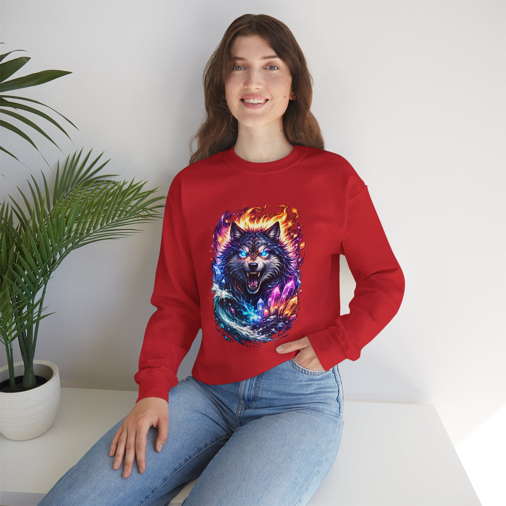 Cosmic Wolf Crewneck Sweatshirt — Neon Fire & Ice Wolf Graphic
