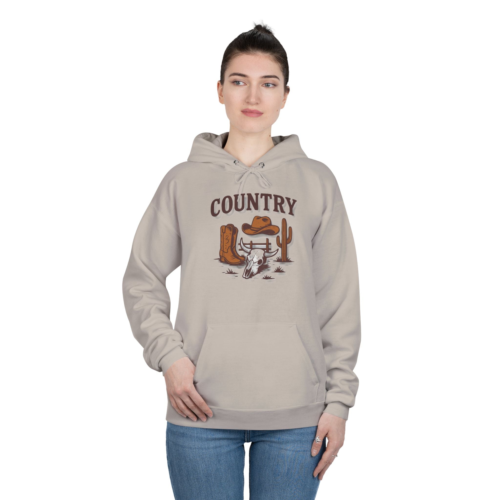 Country Western Hoodie — Cowboy Boots, Hat & Cactus Pullover