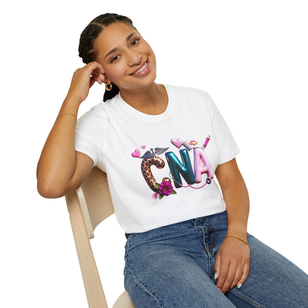CNA Balloon Letters T-Shirt — Cute Floral & Stethoscope Nurse Gift