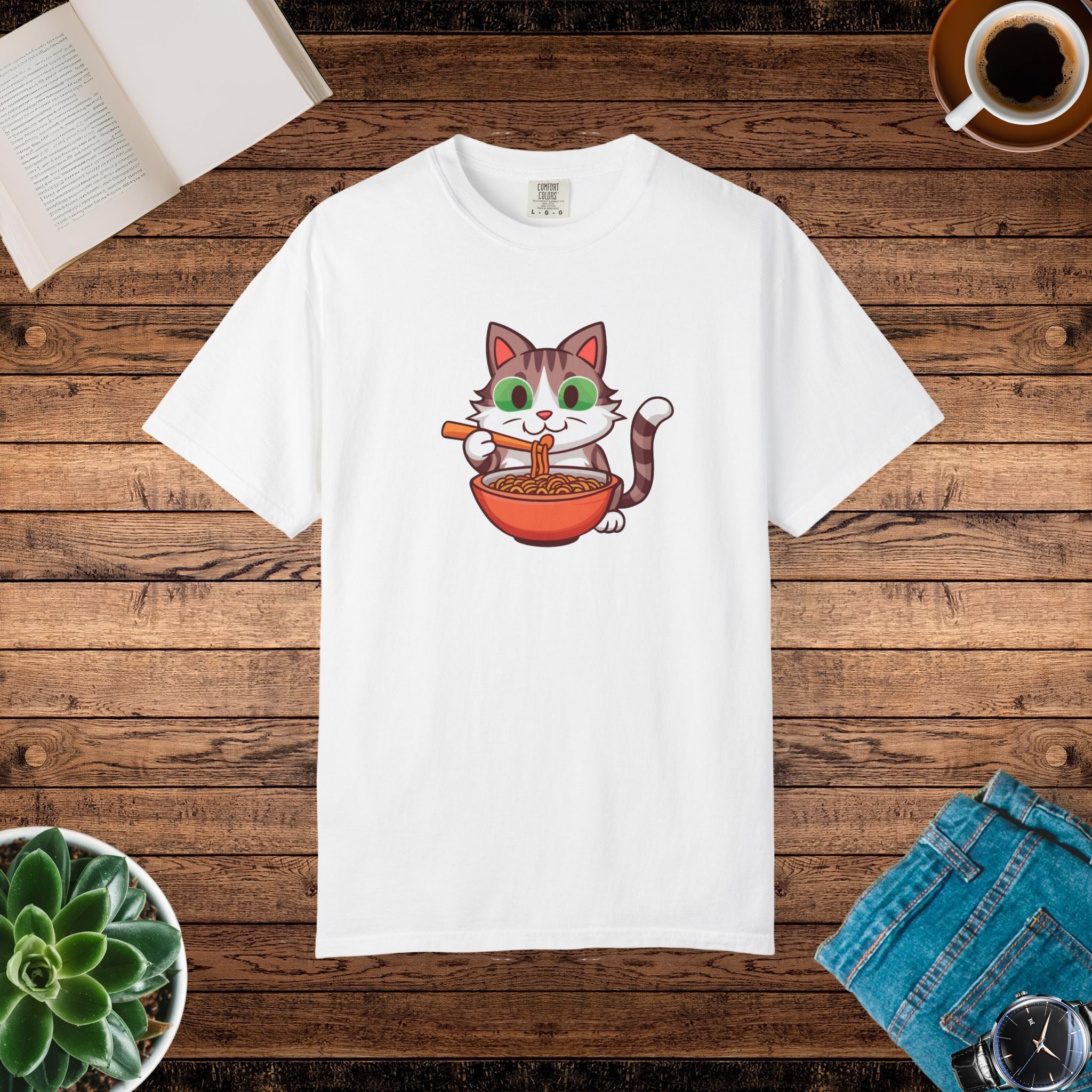 Cat Slurping Noodles Tee - Purr-fectly Cozy Cotton - DipaliZ