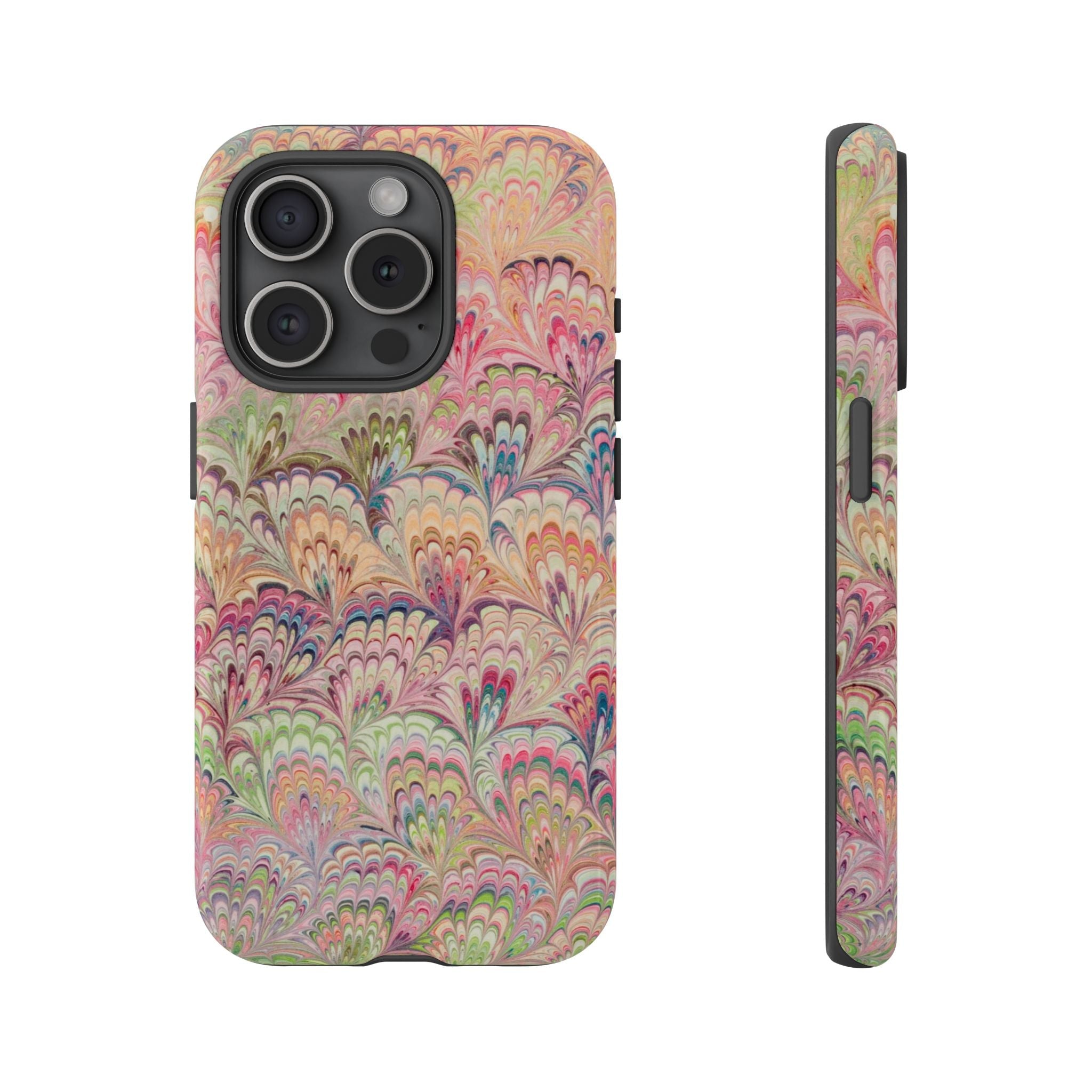 Pastel Pink + Green Feather Marbled Phone Case - Dual Layer Phone Cover