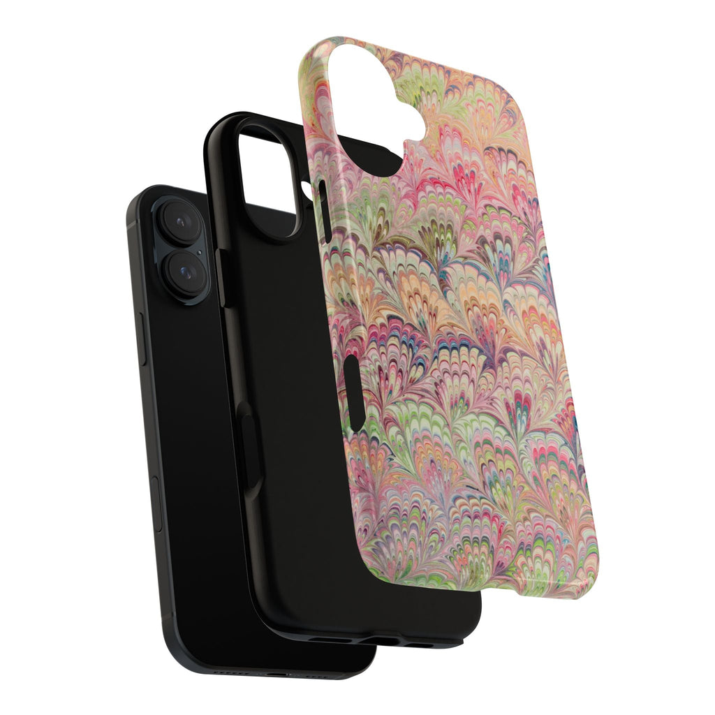 Pastel Pink + Green Feather Marbled Phone Case - Dual Layer Phone Cover