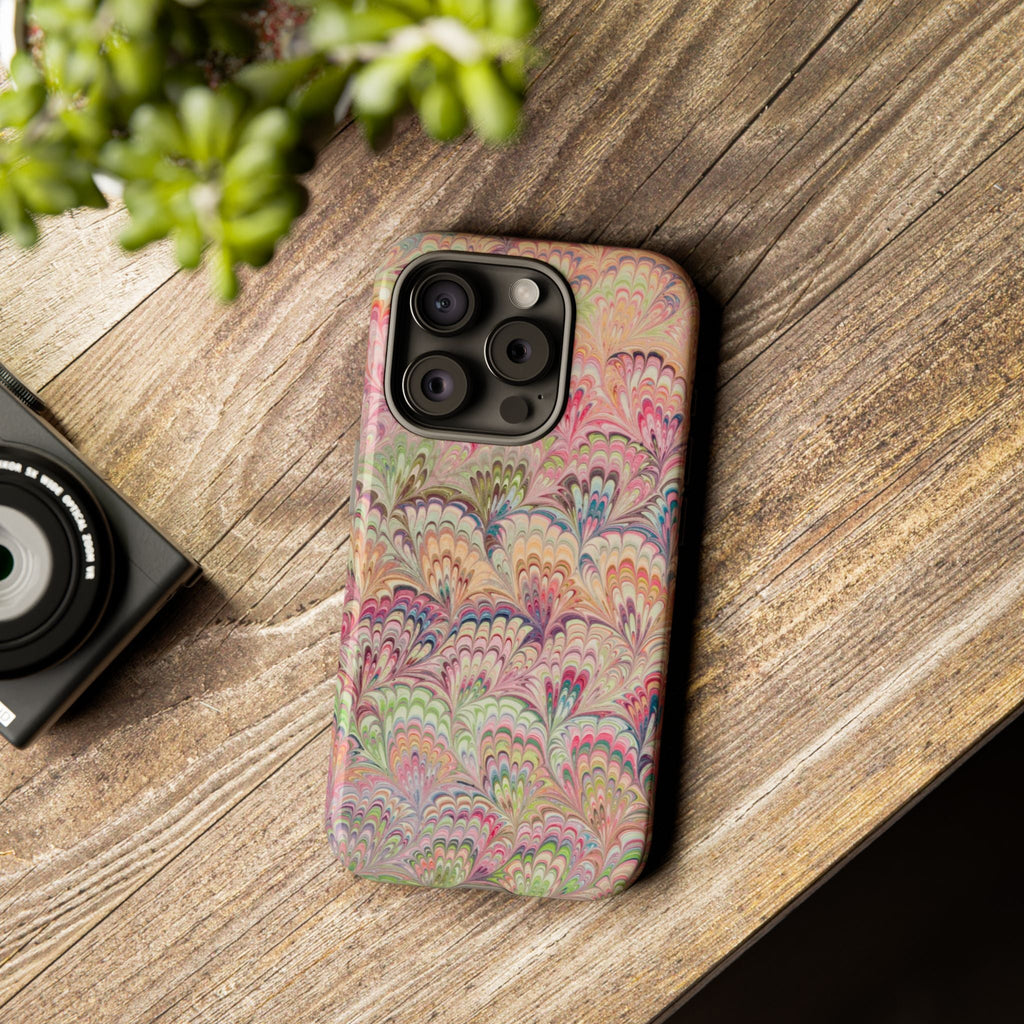 Pastel Pink + Green Feather Marbled Phone Case - Dual Layer Phone Cover