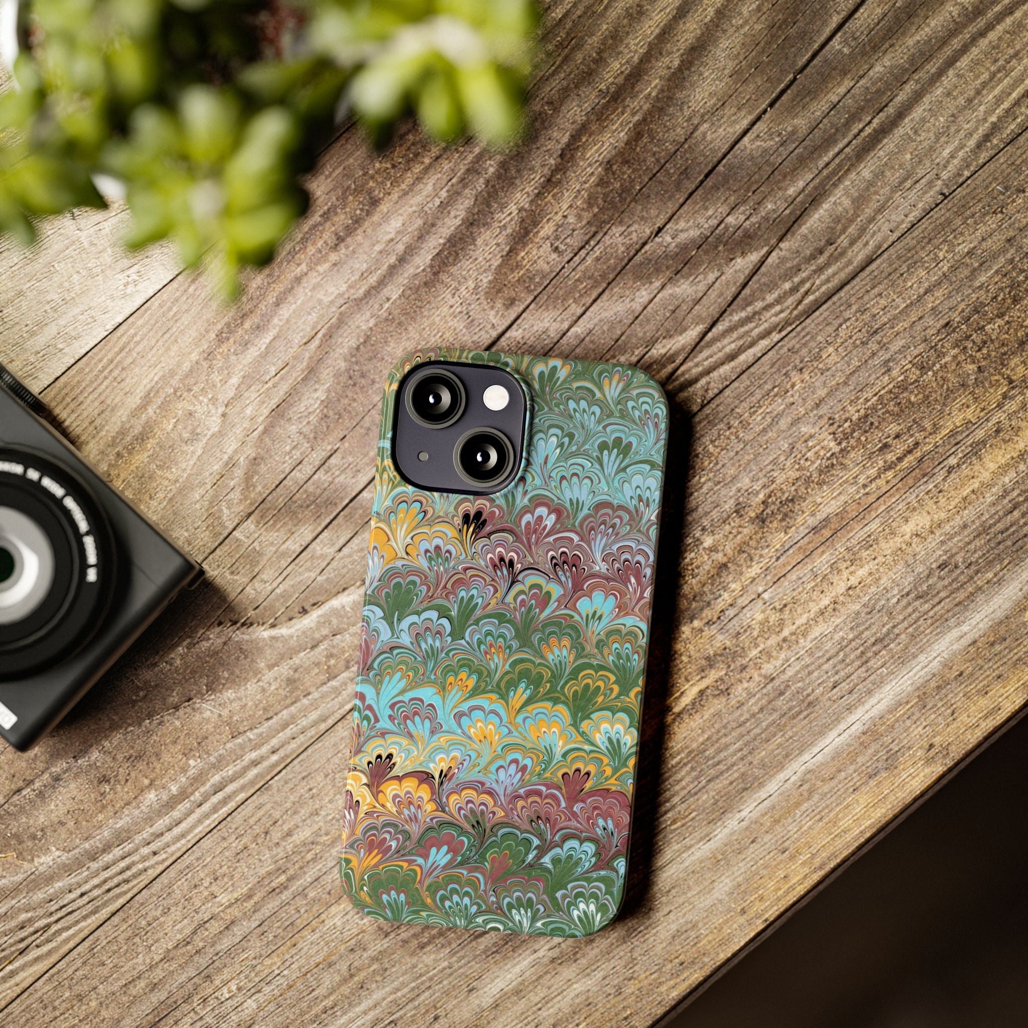Phone Case with Design from Italy - Marbled "Peacock" Design, Green, Blue, Multi-Color Slim Phone Cases