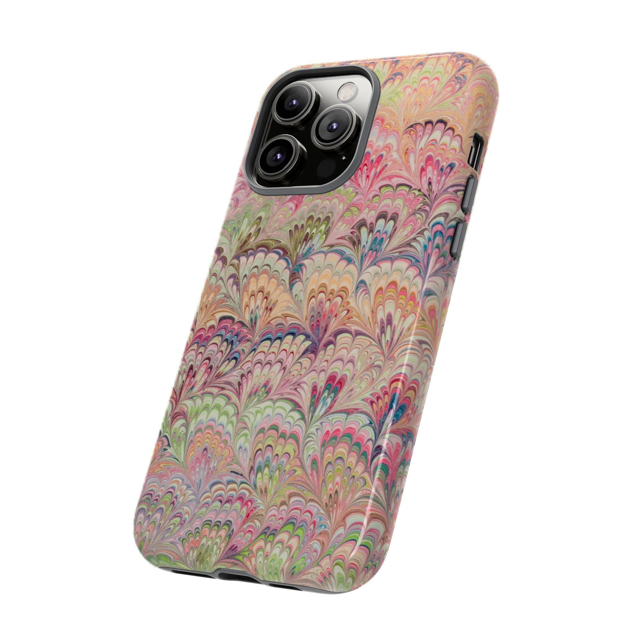 Pastel Pink + Green Feather Marbled Phone Case - Dual Layer Phone Cover