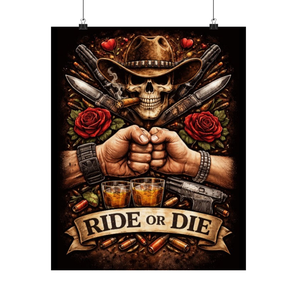 Ride or Die Skull Poster — Cowboy Skull, Fist Bump Motorcycle Bar Art