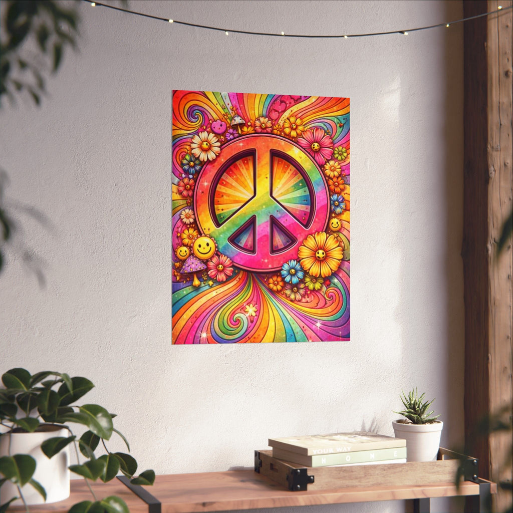 Rainbow Peace Sign Poster — Retro Hippie Matte Vertical Wall Art