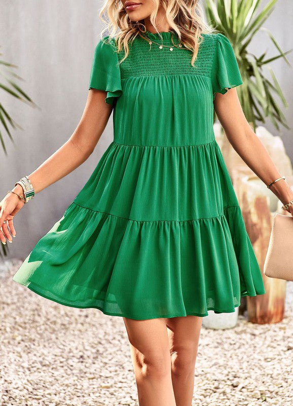 Smocked tiered mini dress