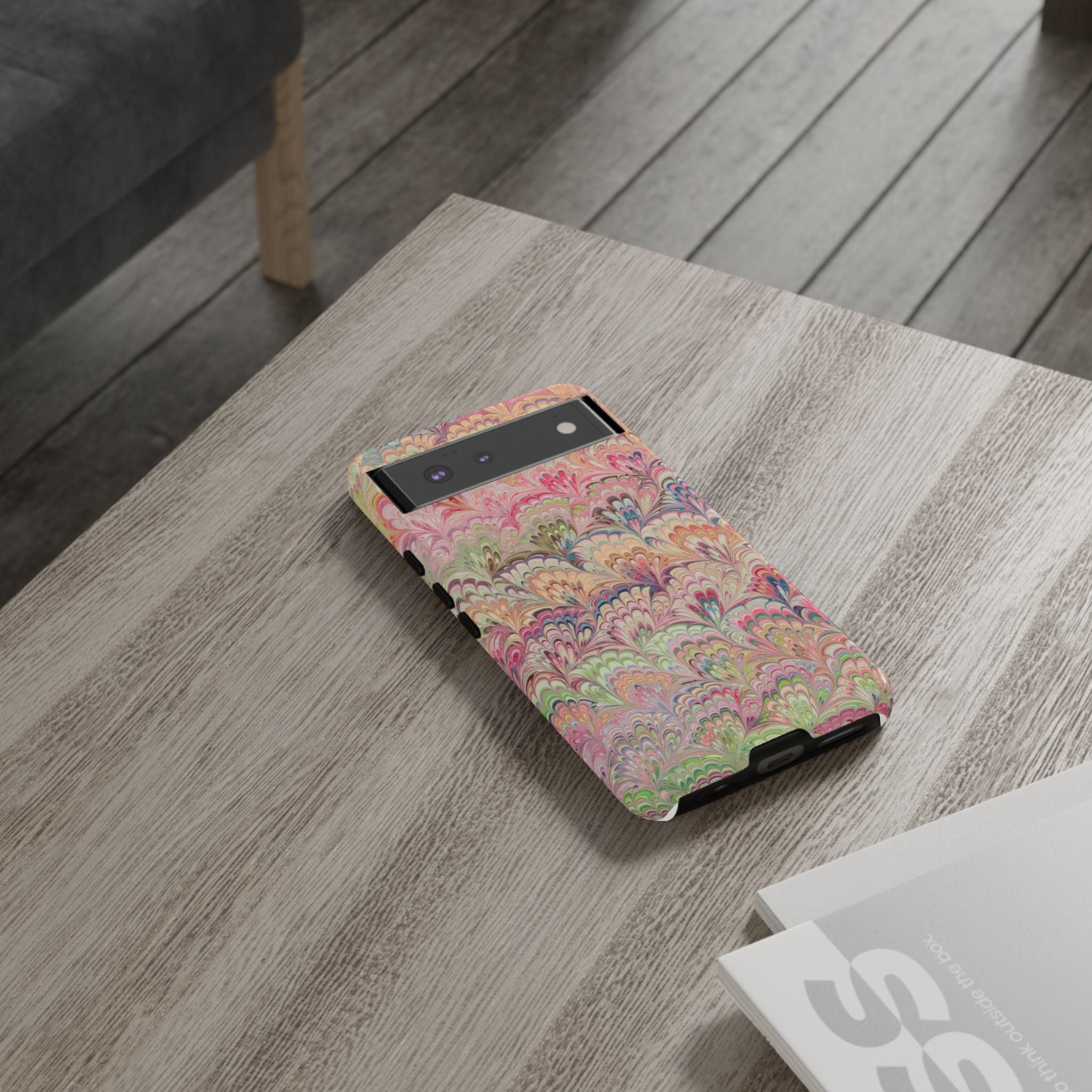 Pastel Pink + Green Feather Marbled Phone Case - Dual Layer Phone Cover
