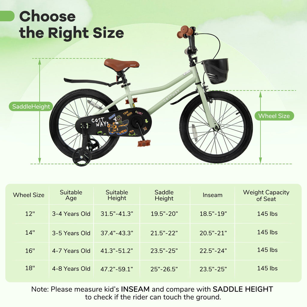 18-Inch Kids Bike Adjustable with Training Wheels for 4-8 Years Old