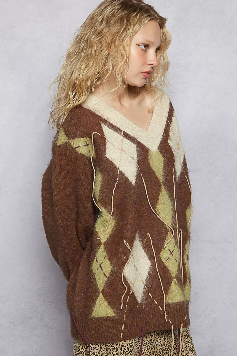 POL V-Neck Argyle Pattern Mohair Sweater with Contrast Exposed Stitch Detail