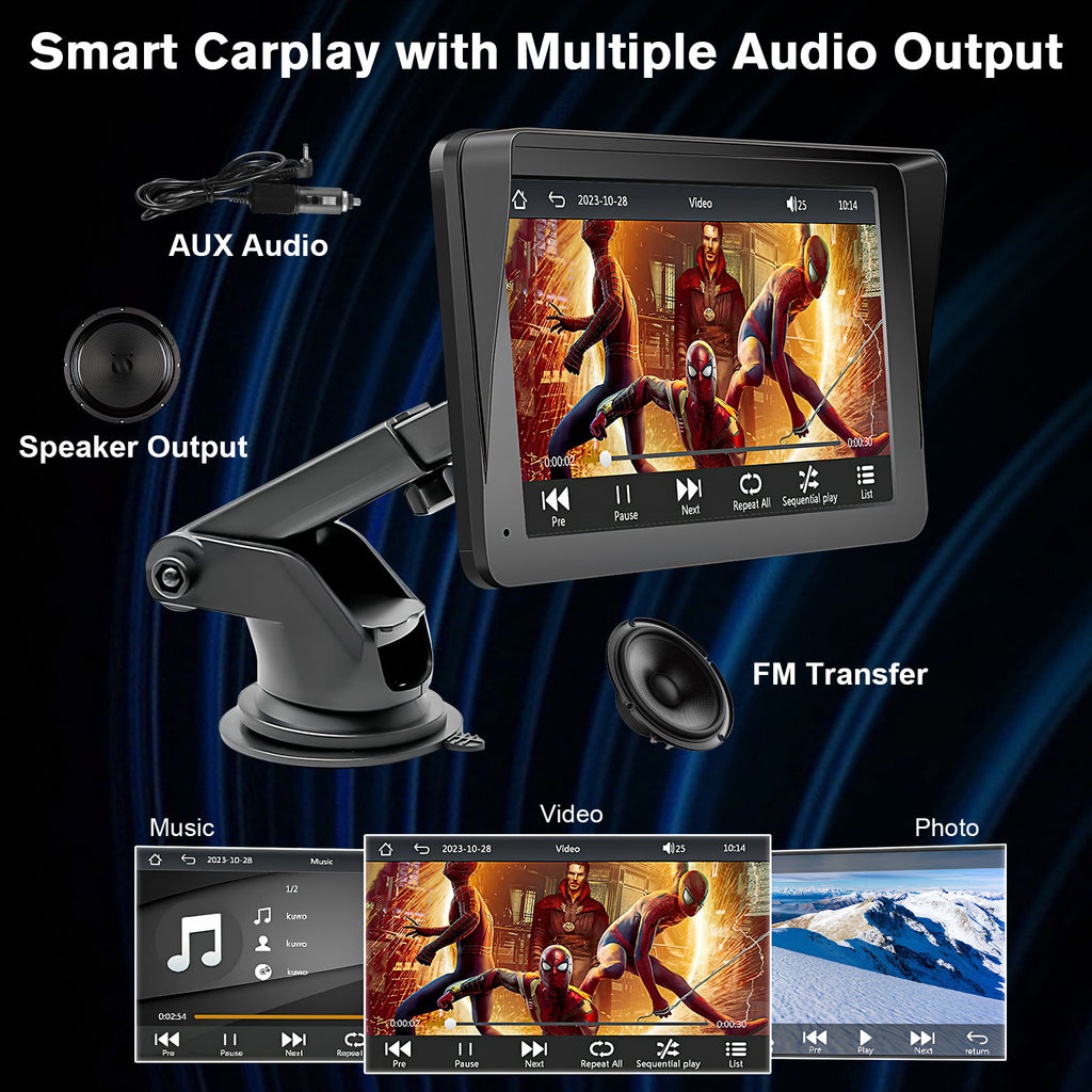 Portable Car Stereo Wireless CarPlay & Android Auto, Car Radio 7inches Touchscreen, Bluetooth5.0, Mirror Link, Maps Navigation, Voice Control, AUX Cable Vehicles