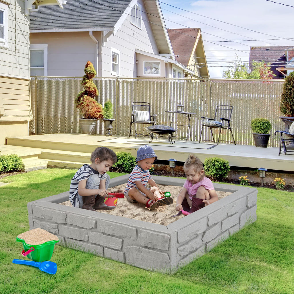 2-In-1 HDPE Kids Sandbox with Cover and Bottom Liner-Gray
