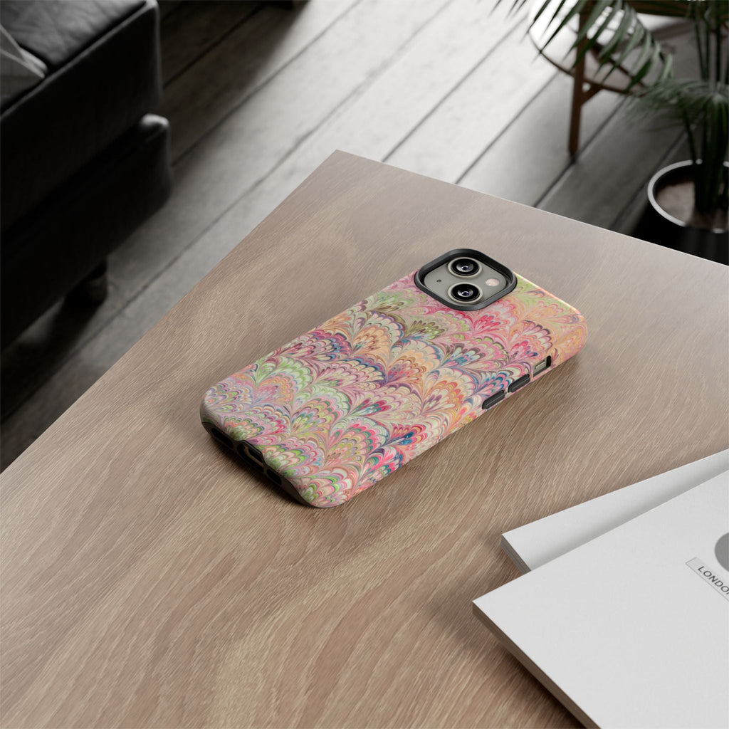 Pastel Pink + Green Feather Marbled Phone Case - Dual Layer Phone Cover