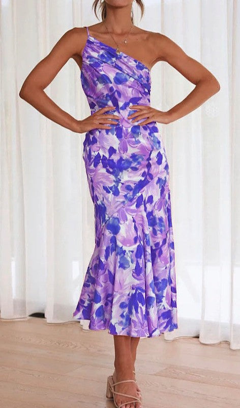 One shoulder floral print dress