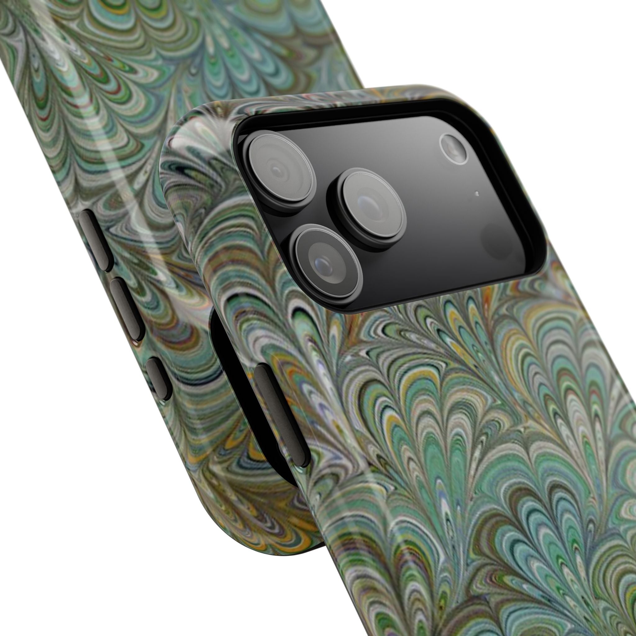 iPhone17 + All Models Phone Cases, Italian Peacock Feather Design, Stylish Impact-Resistant Shell, Protective Cover, Green Peacock Print