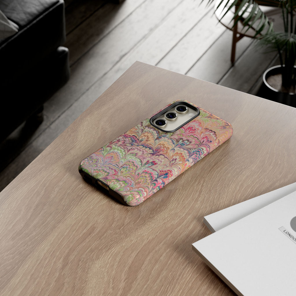 Pastel Pink + Green Feather Marbled Phone Case - Dual Layer Phone Cover