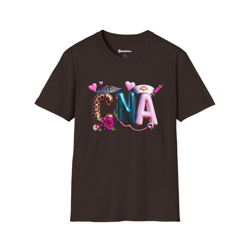 CNA Balloon Letters T-Shirt — Cute Floral & Stethoscope Nurse Gift