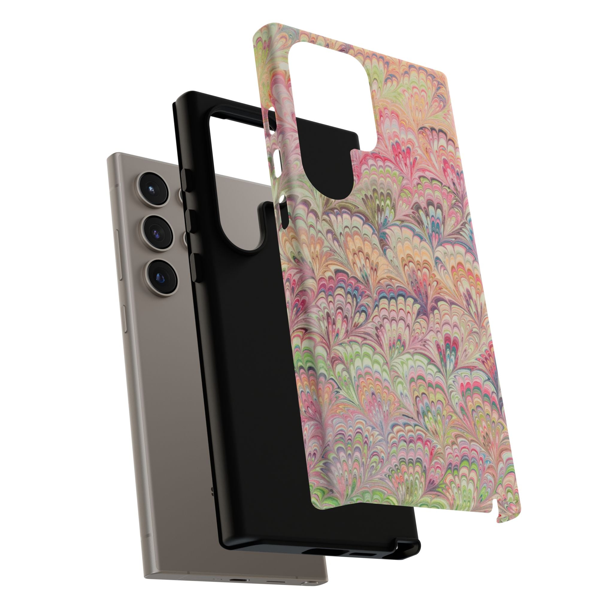 Pastel Pink + Green Feather Marbled Phone Case - Dual Layer Phone Cover