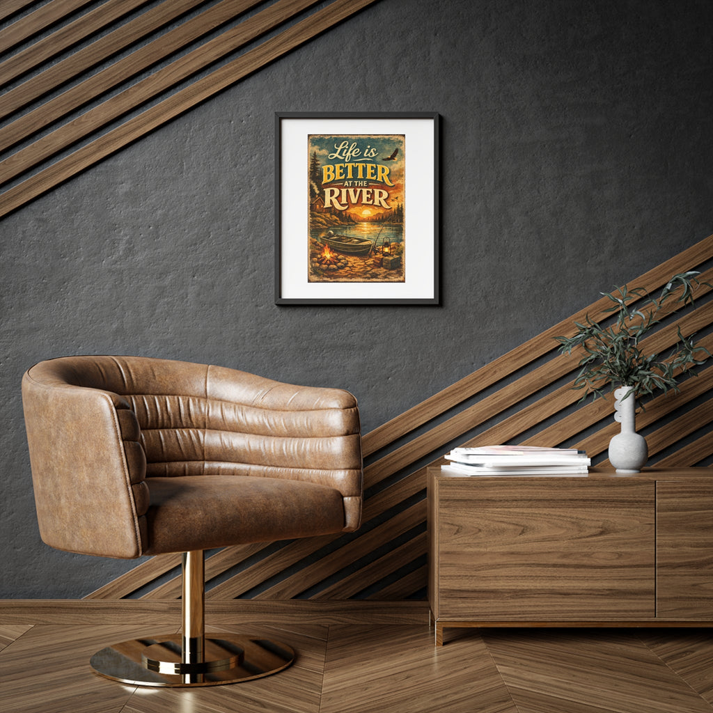 Life Is Better at the River — Framed Matte Poster (Rustic Lake Cabin Wall Art)