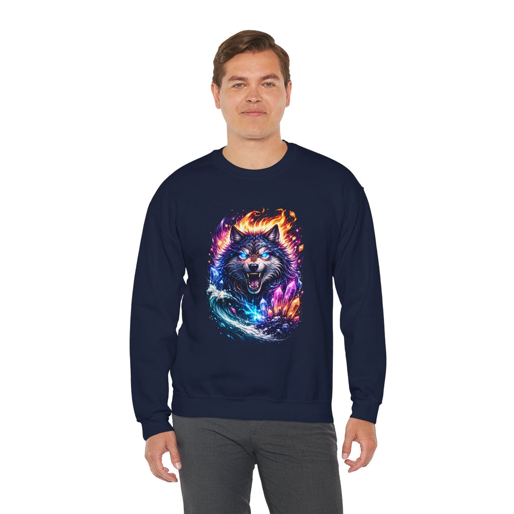 Cosmic Wolf Crewneck Sweatshirt — Neon Fire & Ice Wolf Graphic