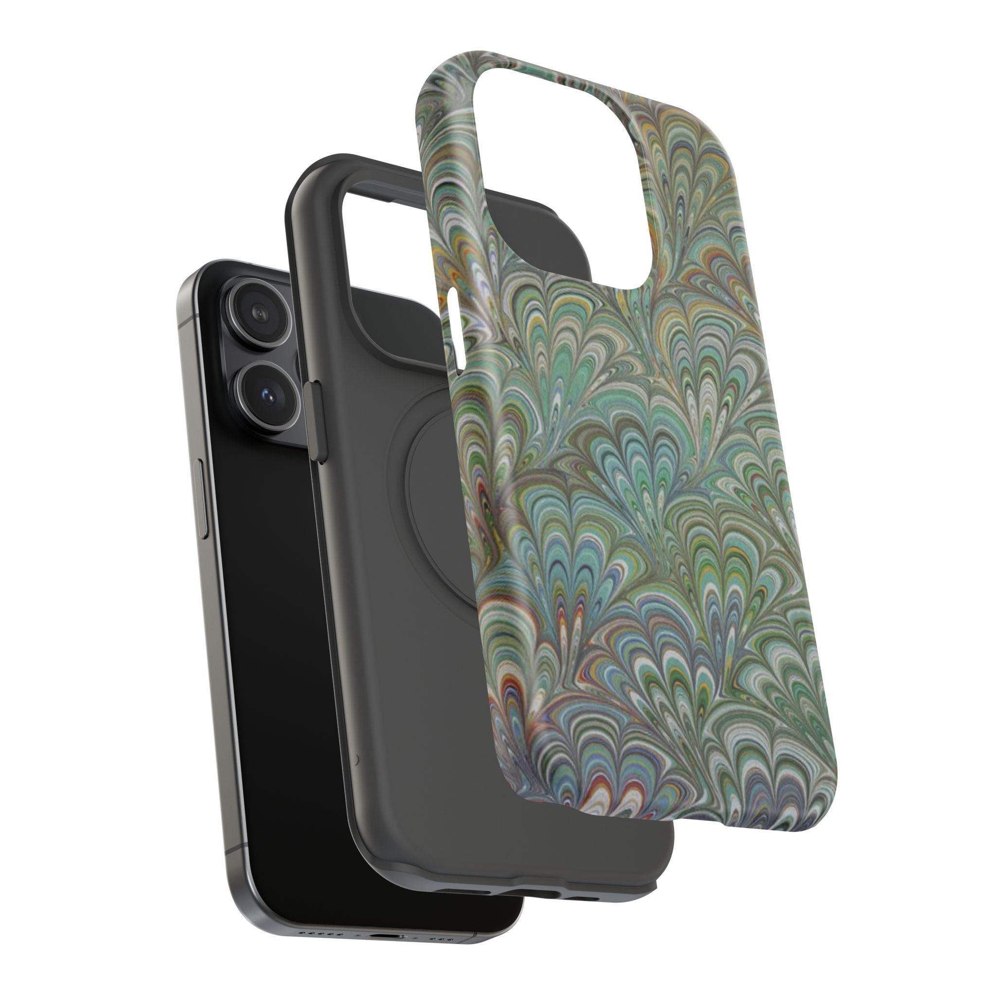 iPhone17 + All Models Phone Cases, Italian Peacock Feather Design, Stylish Impact-Resistant Shell, Protective Cover, Green Peacock Print