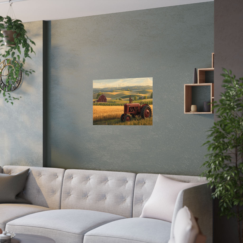 Vintage Red Tractor Farm Landscape Satin Poster — Rustic Country Wall Art