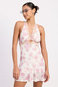 FLARED MINI DRESS WITH HALTER NECK AND LACE TRIM