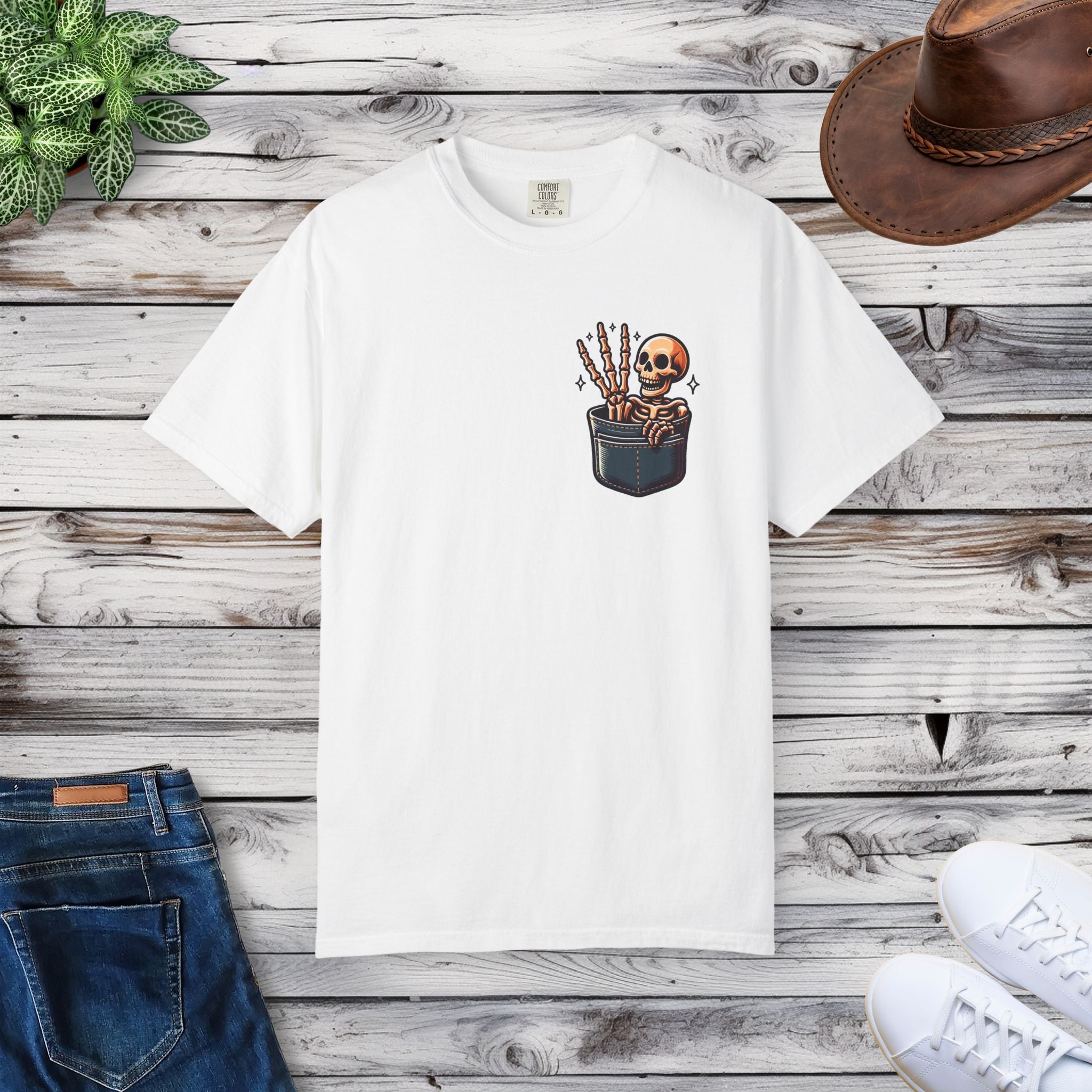 Funny T-Shirt - Skeleton In A Pocket Cotton Tee - DipaliZ