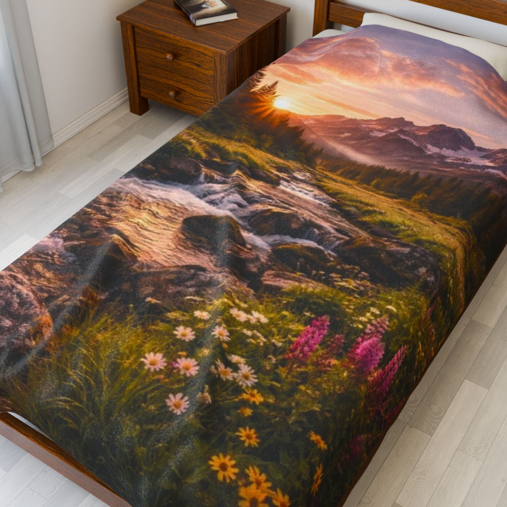 Scenic Mountain Stream Velveteen Plush Blanket — Sunset Alpine River Floral Throw