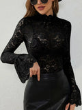 Mock neck pattern lace long sleeve top