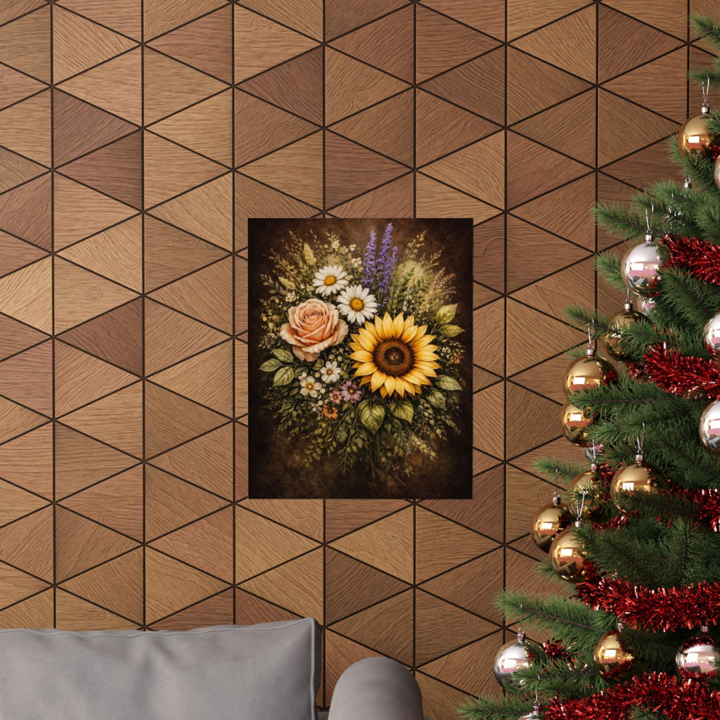 Sunflower & Roses Bouquet Poster — Matte Vertical Floral Wall Art