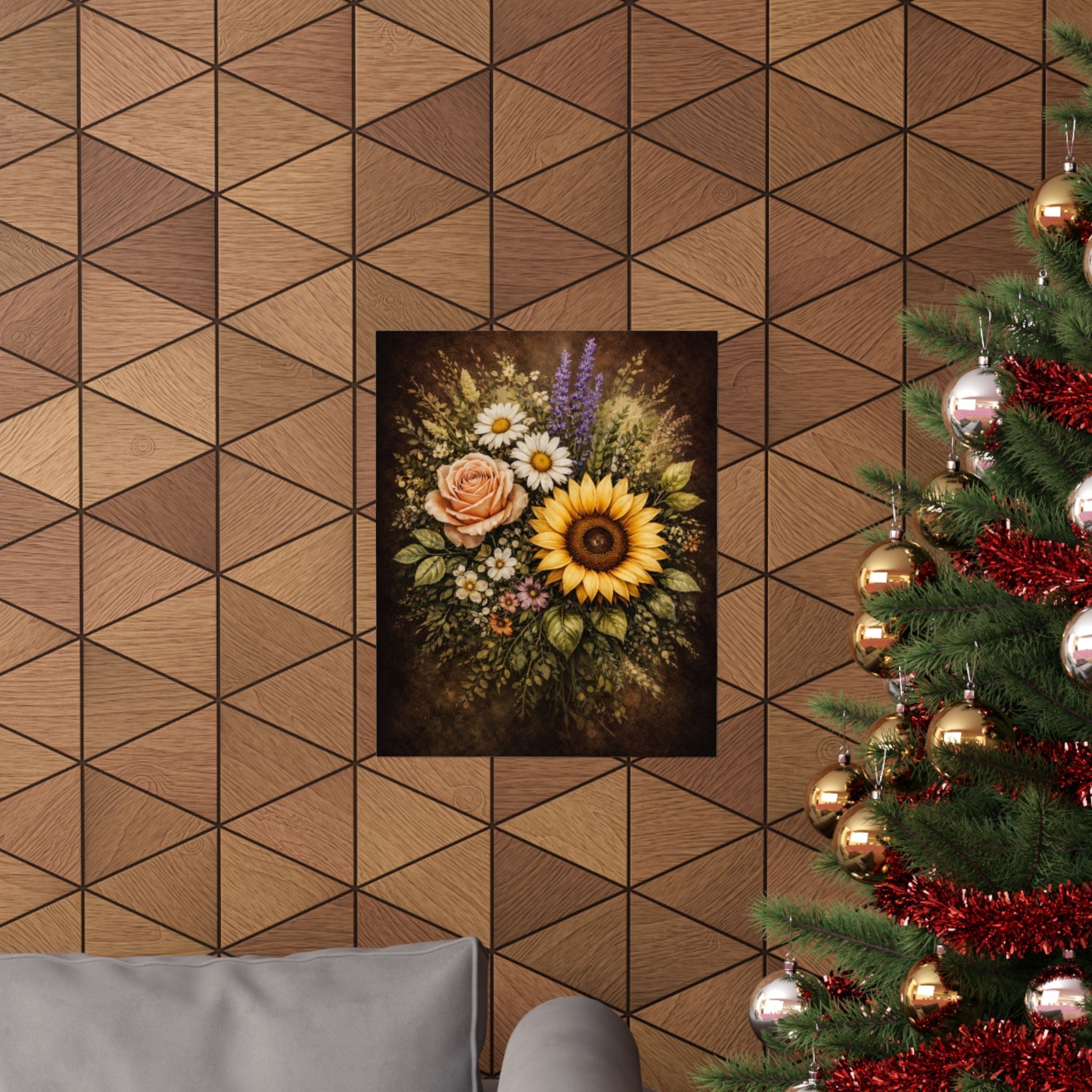 Sunflower & Roses Bouquet Poster — Matte Vertical Floral Wall Art