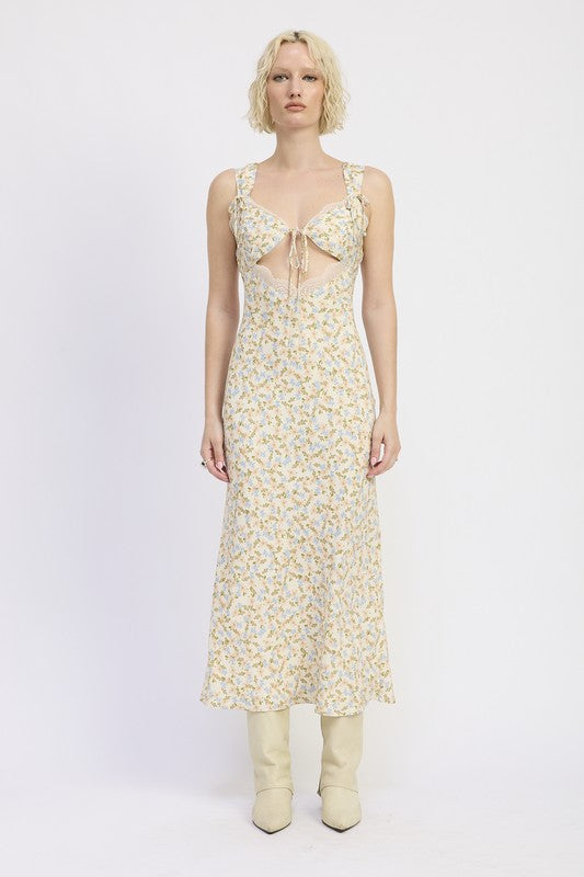 DITSY PRINT MIDI DRESS WITH CUTOUT AND LACE TRIM