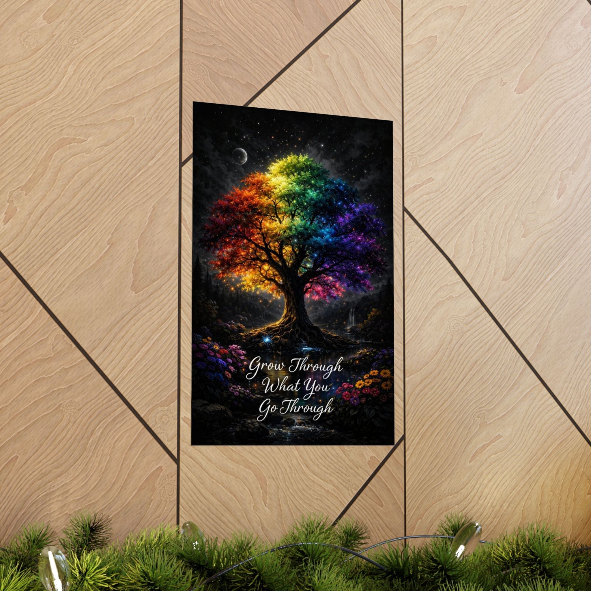 Inspirational Rainbow Tree Poster — "Grow Through What You Go Through" Matte Vertical Print