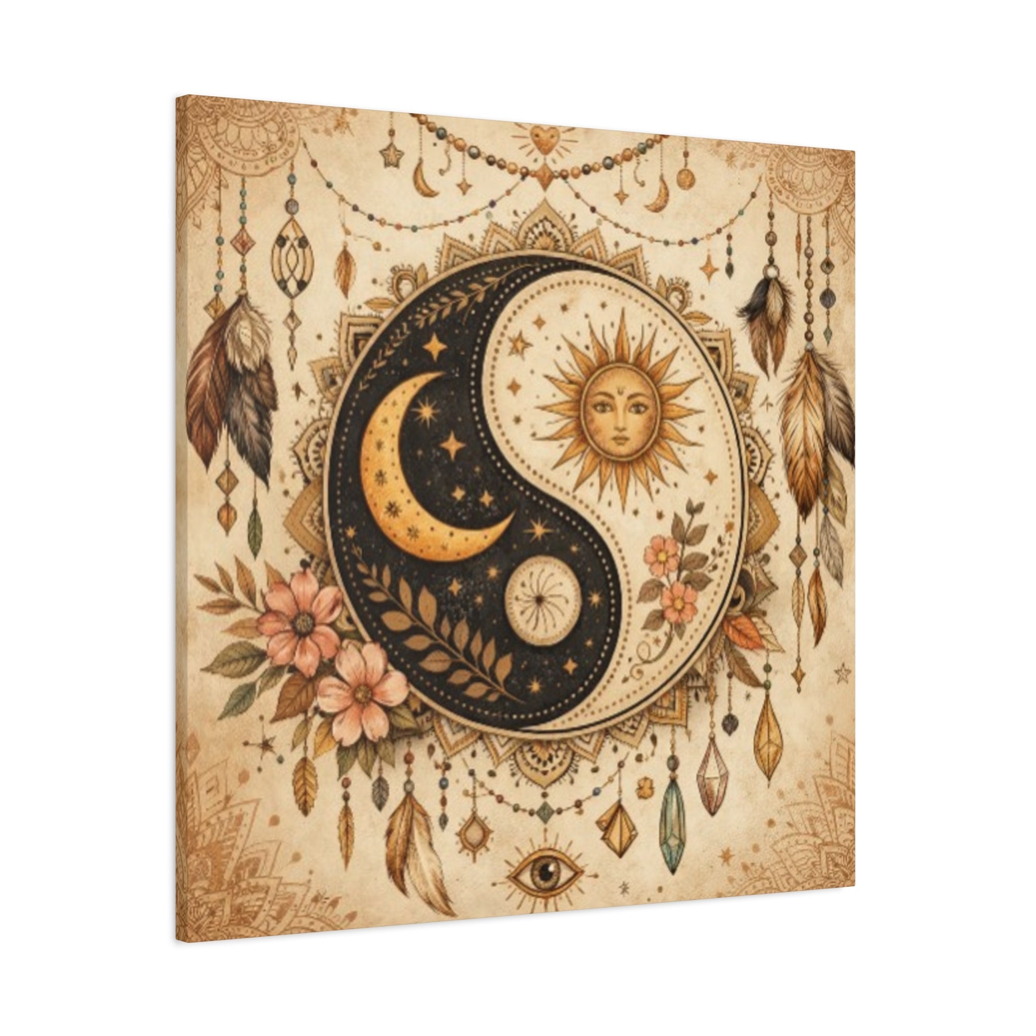 Sun & Moon Yin Yang Canvas Art — Boho Celestial Wall Decor, Matte Stretched 1.25"