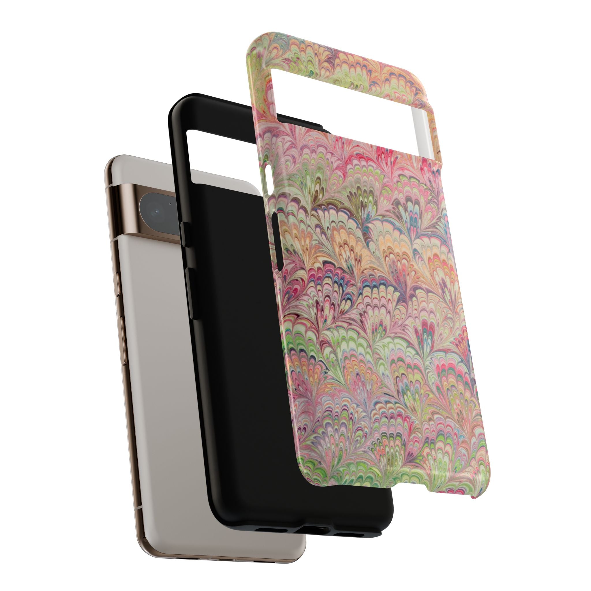 Pastel Pink + Green Feather Marbled Phone Case - Dual Layer Phone Cover
