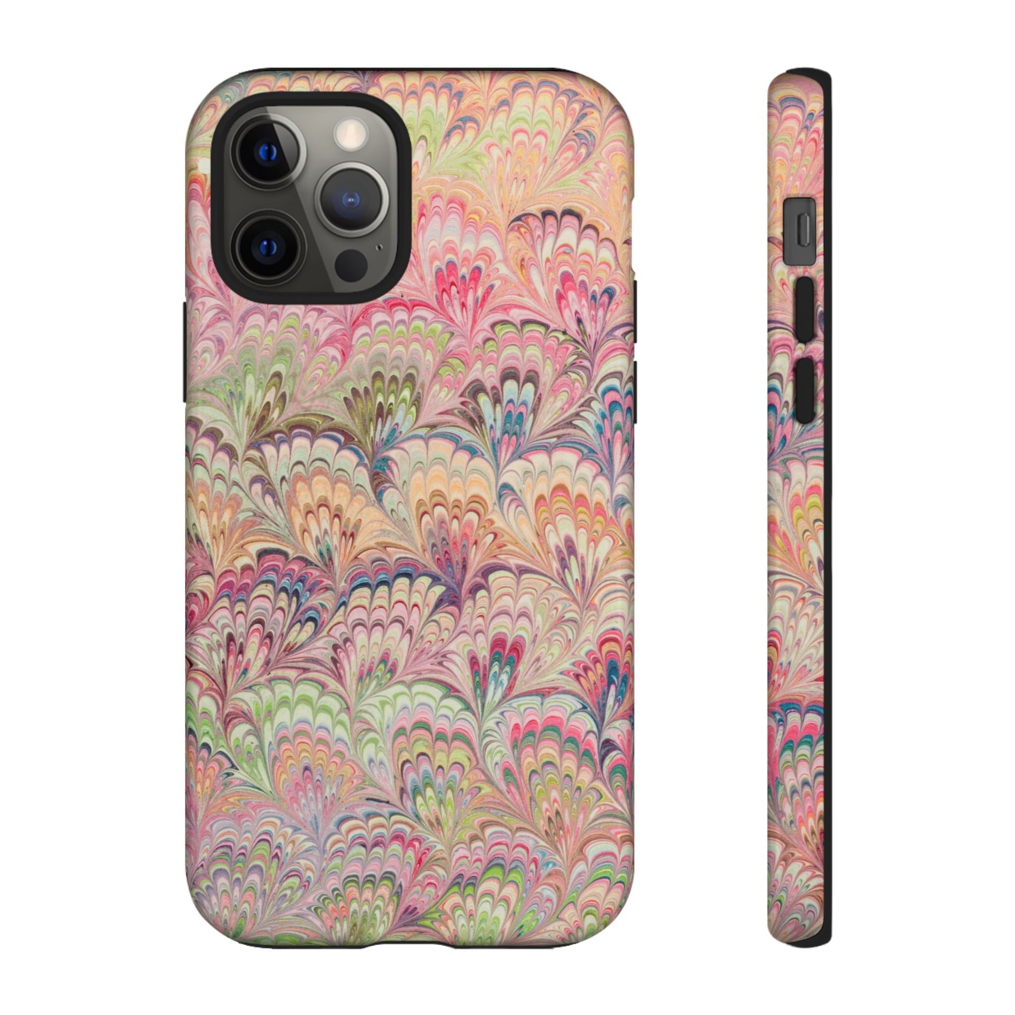 Pastel Pink + Green Feather Marbled Phone Case - Dual Layer Phone Cover