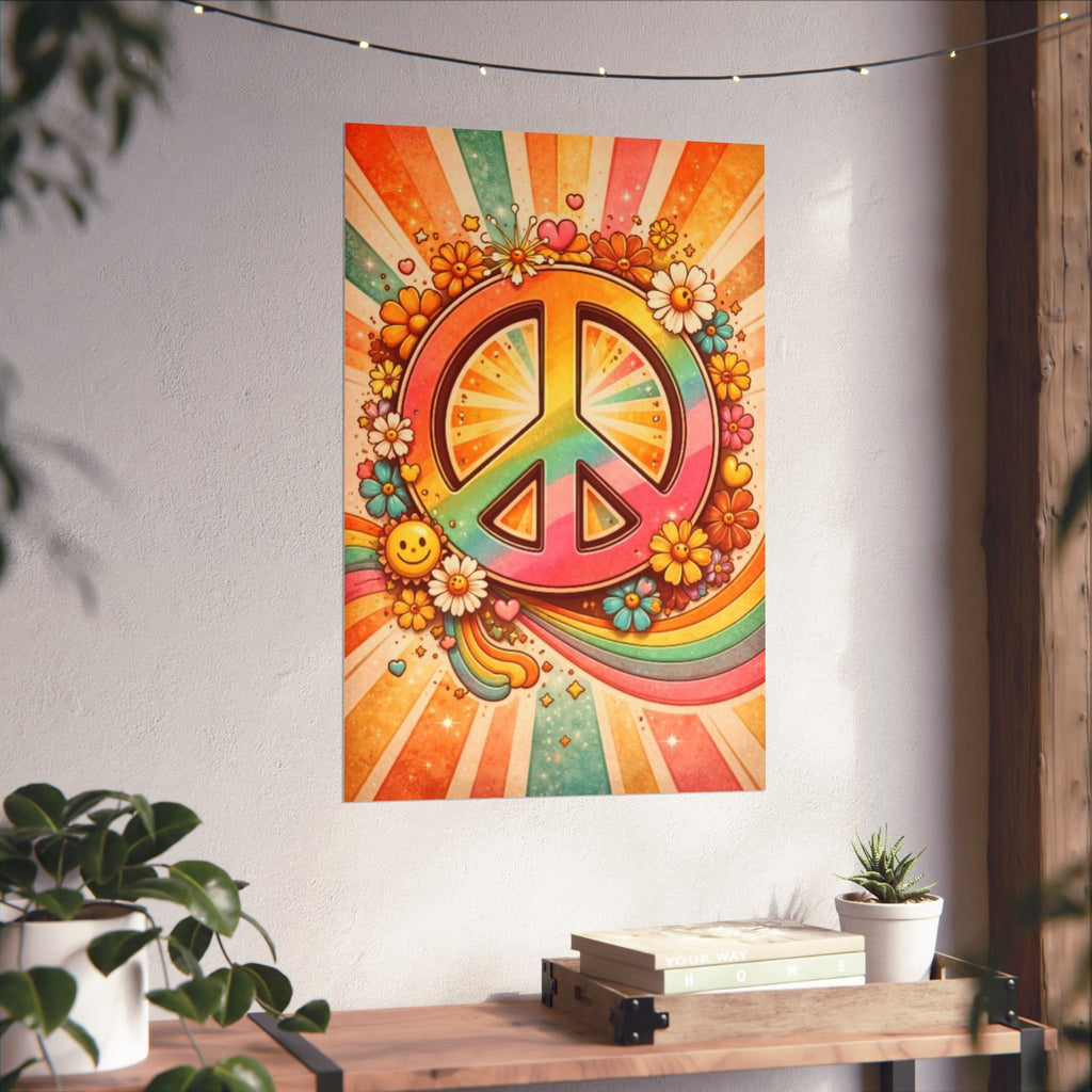 Retro Peace Sign Poster — 70s Hippie Flower Power Matte Vertical Print