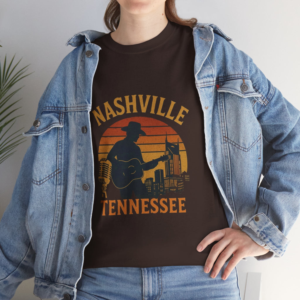 Nashville Tennessee Guitar Silhouette Tee — Retro Sunset Country Music T-Shirt
