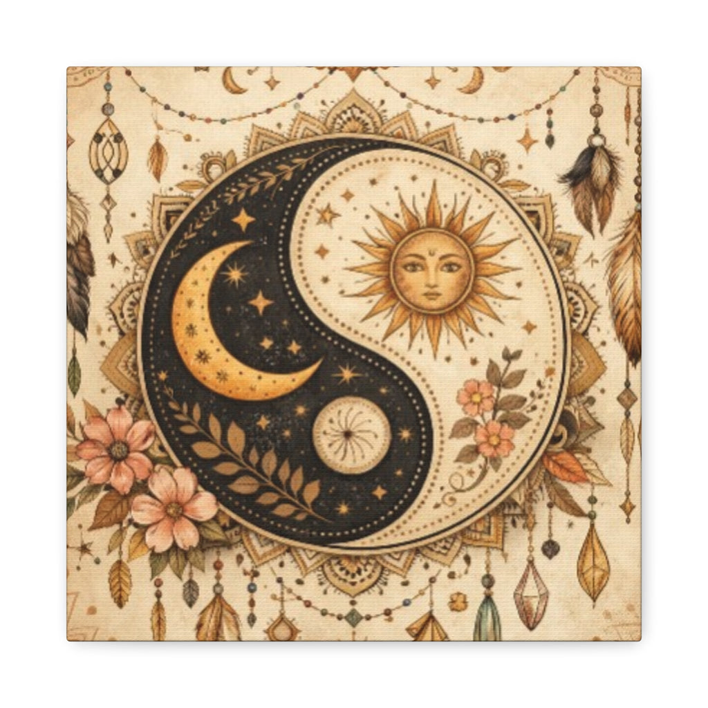 Sun & Moon Yin Yang Canvas Art — Boho Celestial Wall Decor, Matte Stretched 1.25"