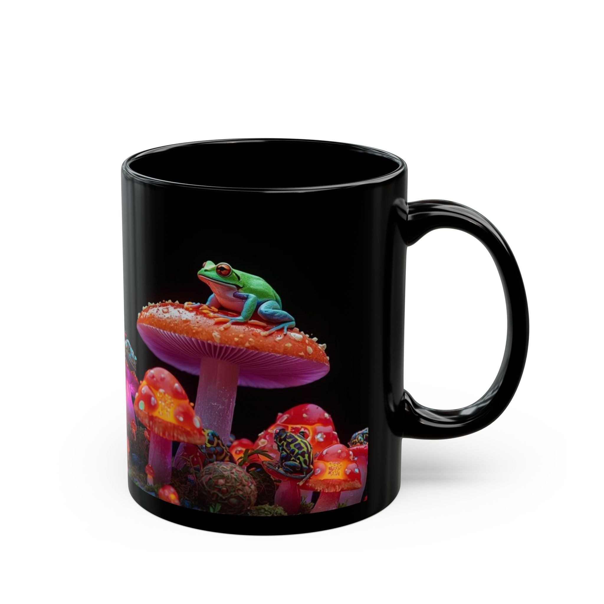 Psychedelic Mushroom & Frog Black Coffee Mug — Vibrant Fantasy 11oz/15oz