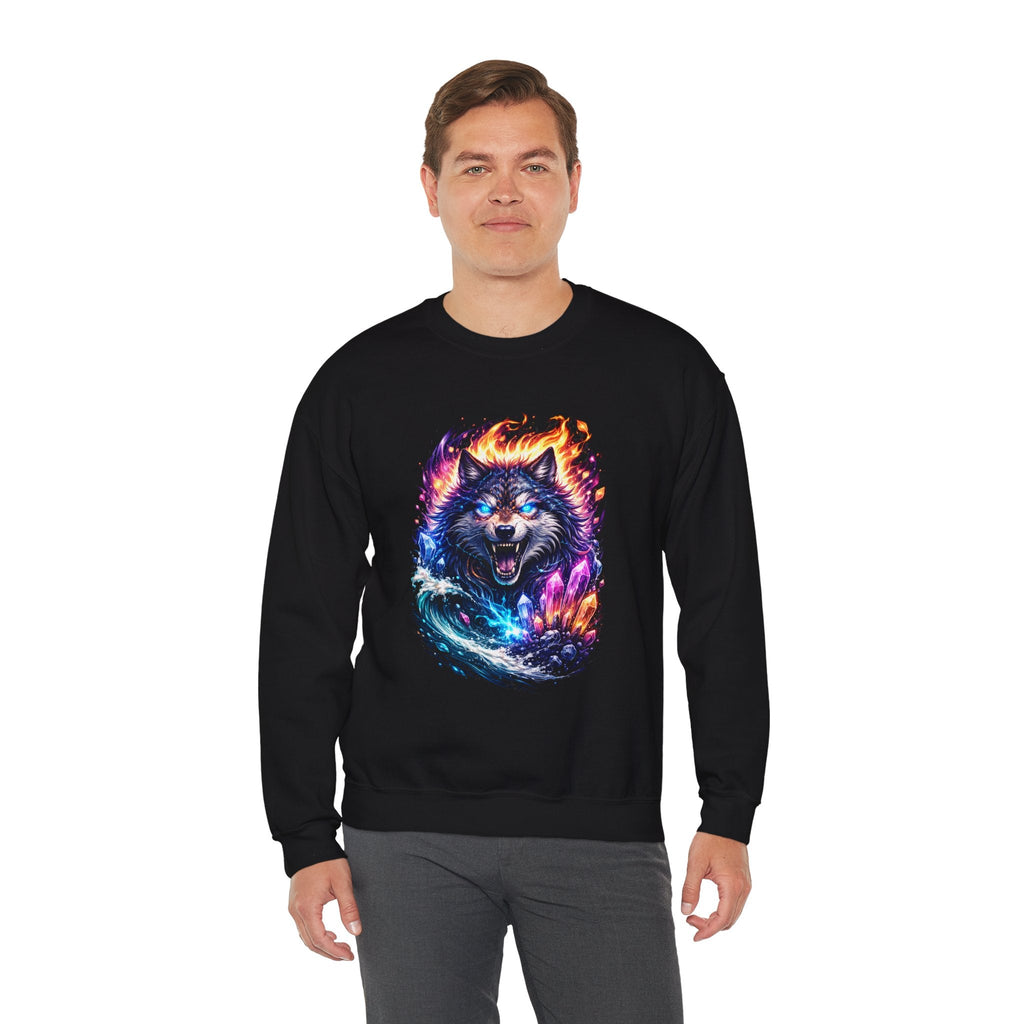 Cosmic Wolf Crewneck Sweatshirt — Neon Fire & Ice Wolf Graphic
