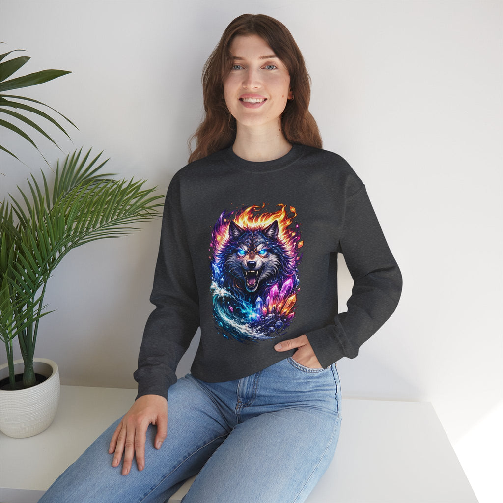Cosmic Wolf Crewneck Sweatshirt — Neon Fire & Ice Wolf Graphic