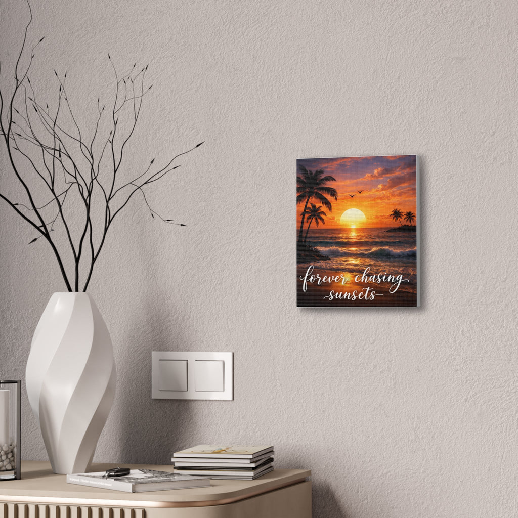 Sunset Beach Canvas Wall Art — Tropical Palm Ocean Sunset Stretched Canvas