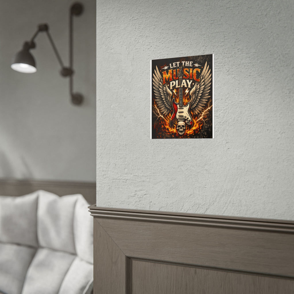 Copy of Let The Music Play Guitar Poster - Rock Skull Wings Rolled Poster