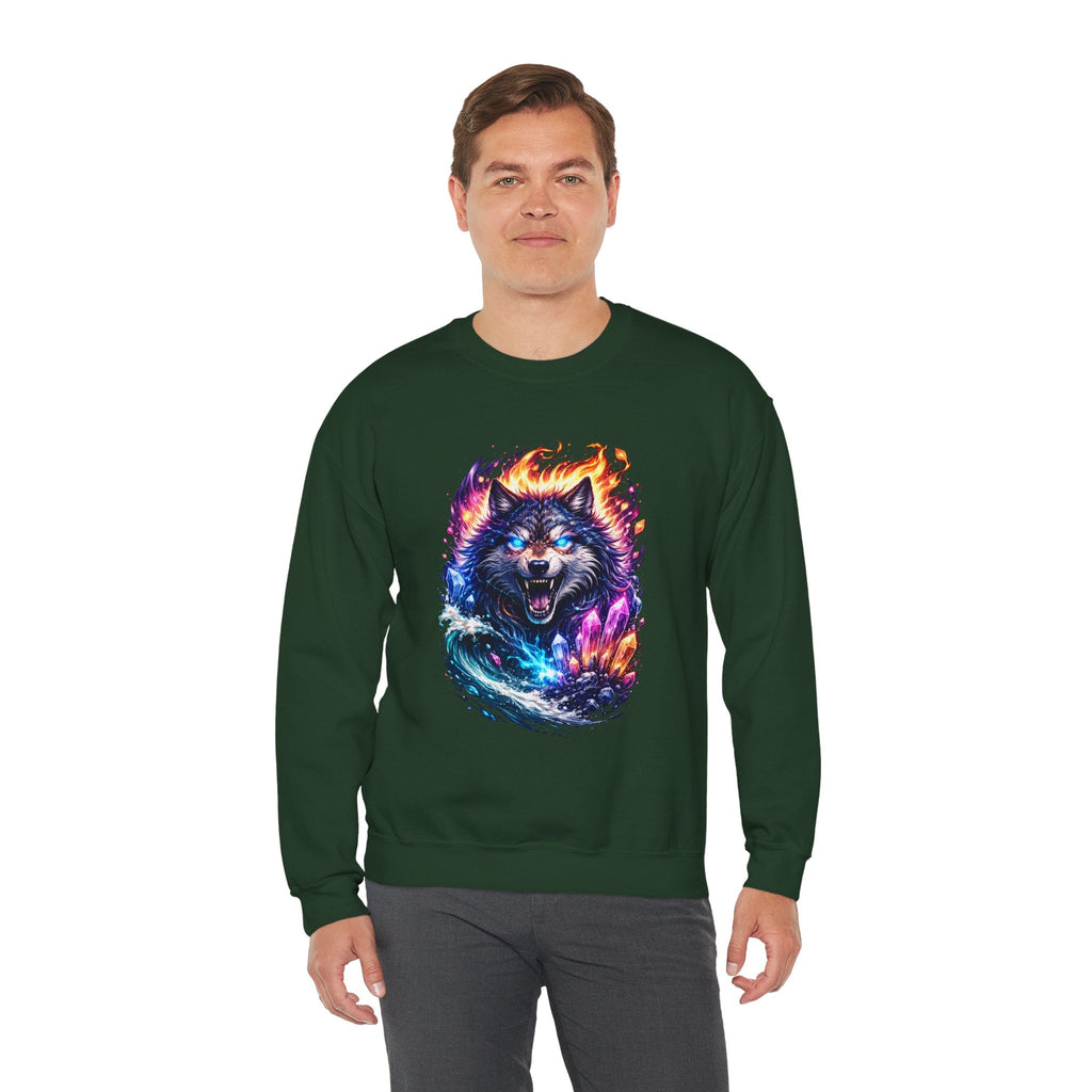 Cosmic Wolf Crewneck Sweatshirt — Neon Fire & Ice Wolf Graphic