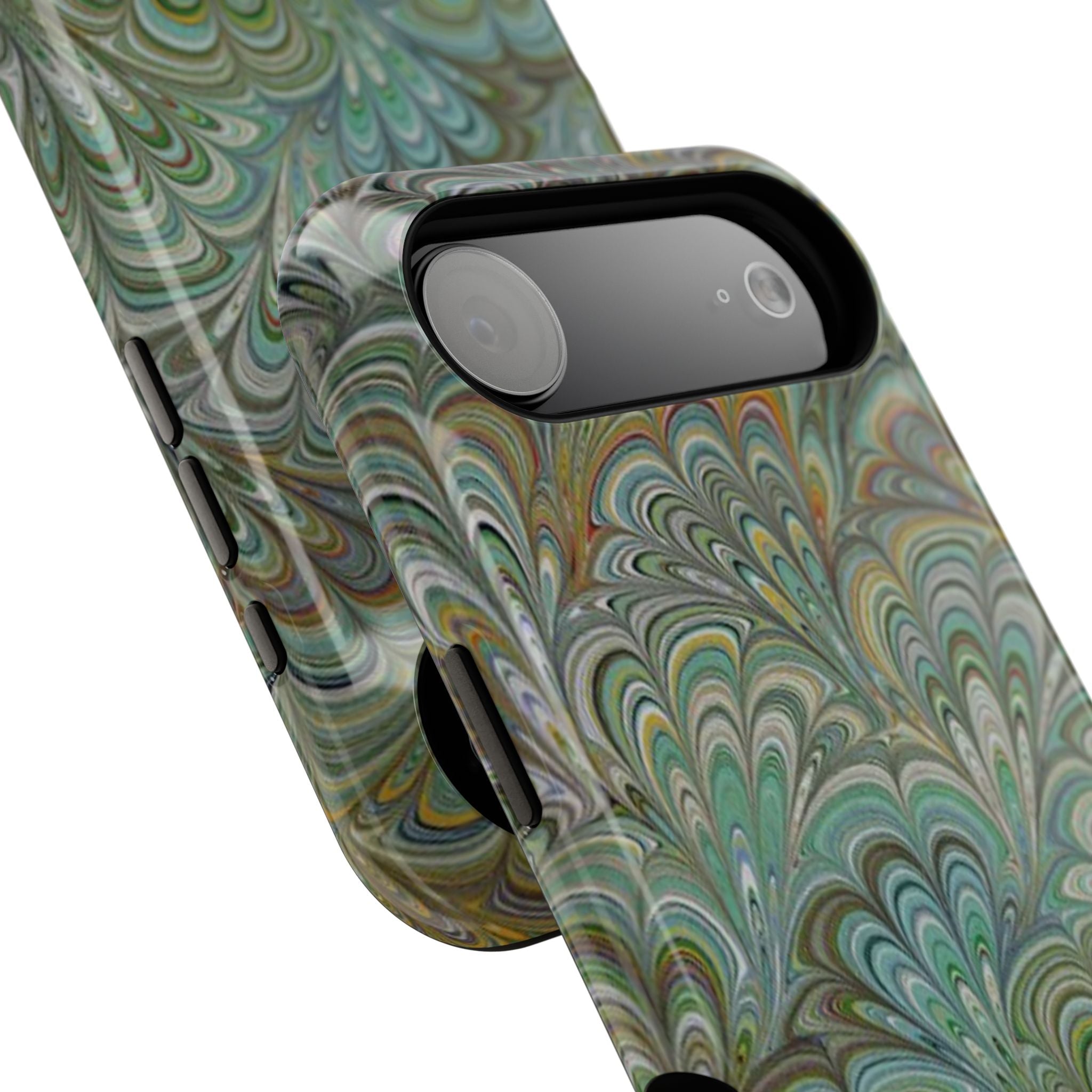 iPhone17 + All Models Phone Cases, Italian Peacock Feather Design, Stylish Impact-Resistant Shell, Protective Cover, Green Peacock Print