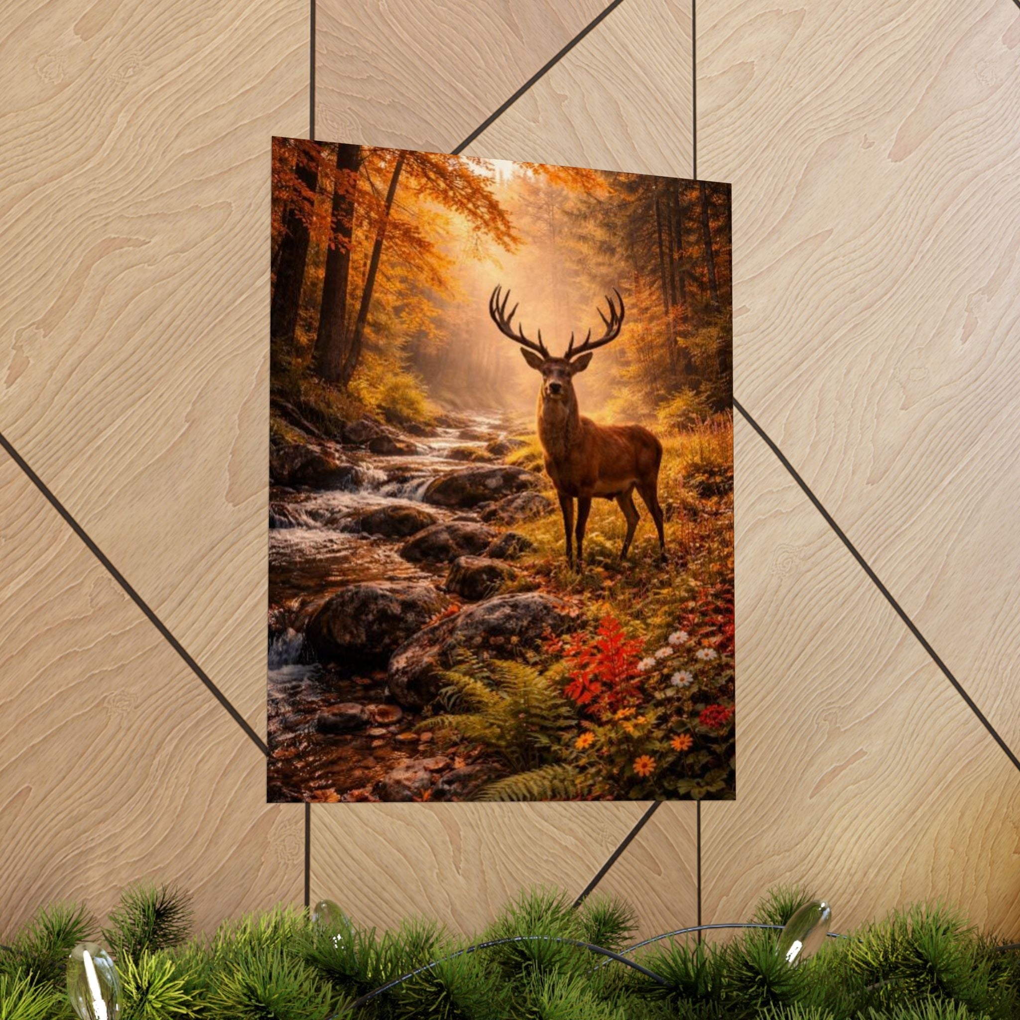 Deer in Autumn Forest Matte Vertical Poster — Rustic Woodland Wall Art