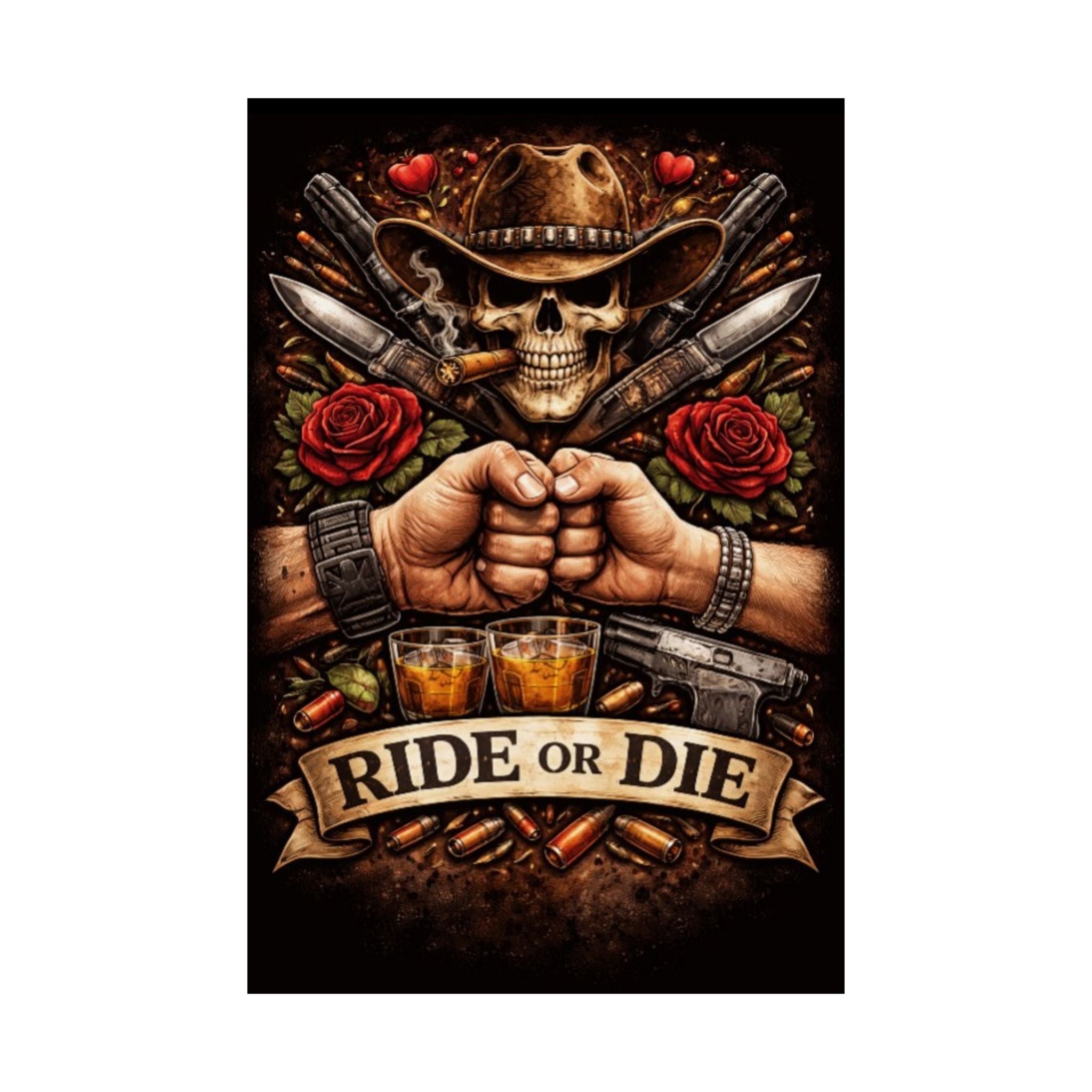 Ride or Die Skull Poster — Cowboy Skull, Fist Bump Motorcycle Bar Art